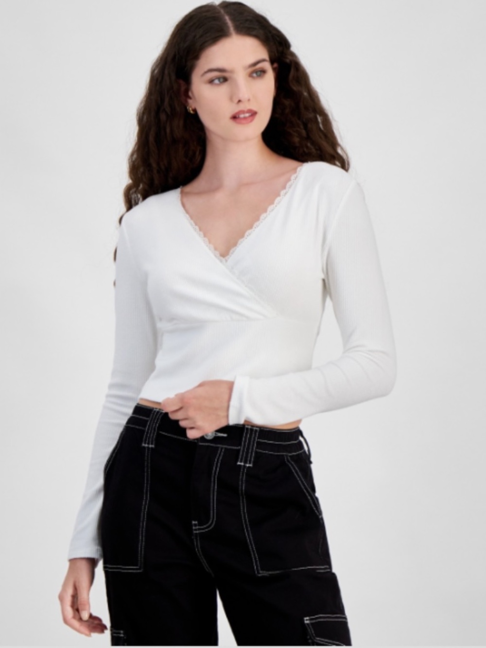 Sugar Moon Rib Knit Surplice Top Snow White S NWT Long Sleeve Wrap Style